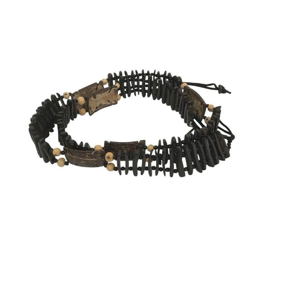 Bohemian Vintage Wooden Plank Beaded Long Self Tie Brown Hippie Belt - Picture 3 of 5
